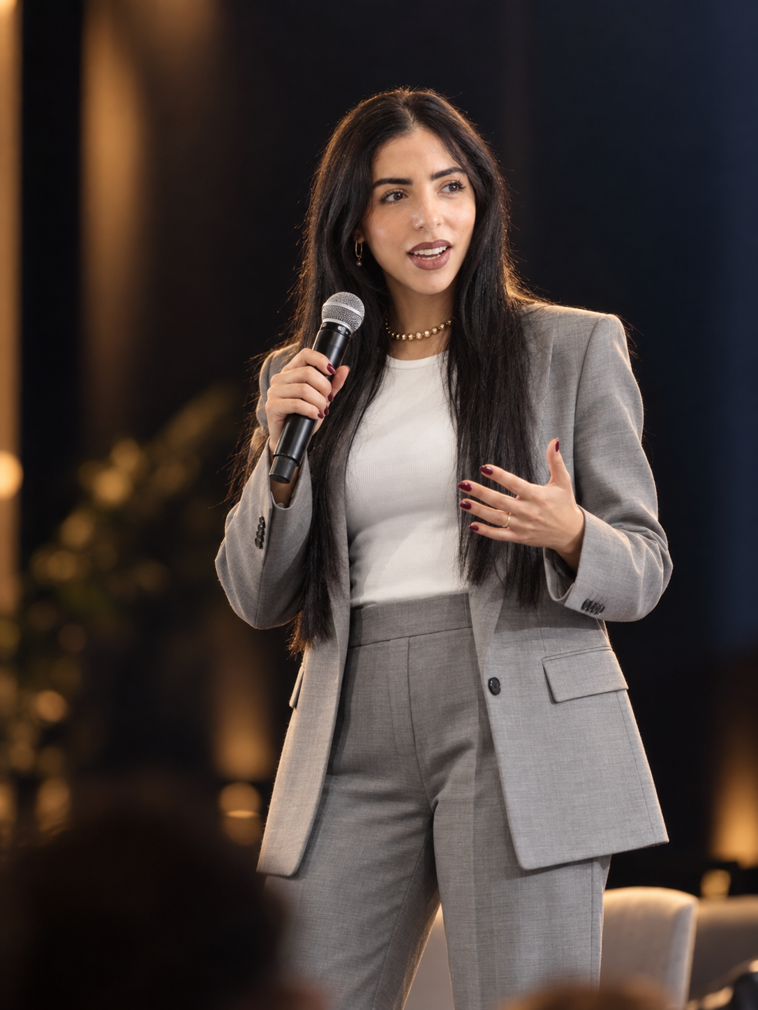 Jasmine Haffadi interviene sul palco con un microfono